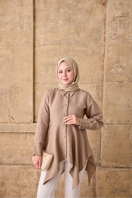 Women's Asymmetrical Cut Striped Shirt Mink