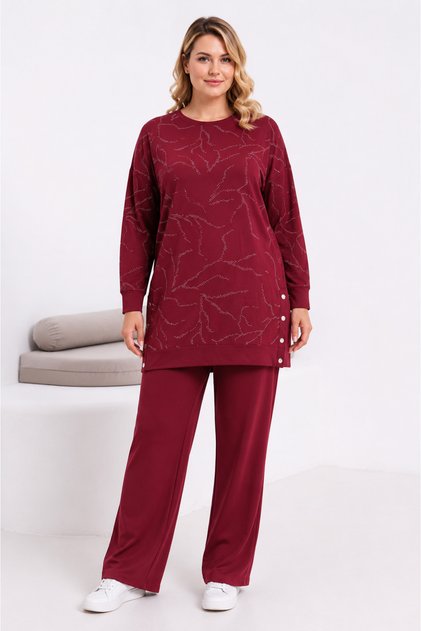 Women's Plus Size Burgundy, Stone Detailed and Side Decorative Buttoned Long Tunic, Elastic Waist Pants, Tracksuit Set 65N39496