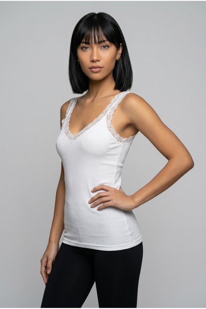 Women's Lace Detailed V-Neck Thick Strap Camisole with Built-In Bra Cotton Modal Undershirt Daily Flexible Comfortable Covered Underwear