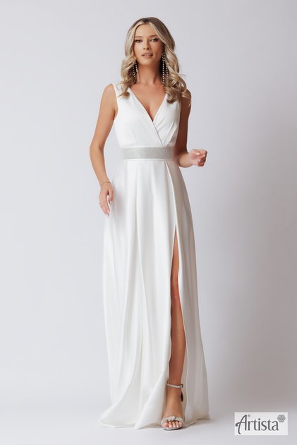 Rochie eleganta lunga crapata pe picior si cu cordon strasuri