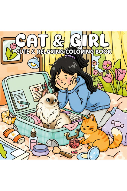 Cat & Girl 40 Sayfalık Boyama Kitabı ( 21 x 21 cm ) Çocuklar ve Yetişkinler İçin Uygun