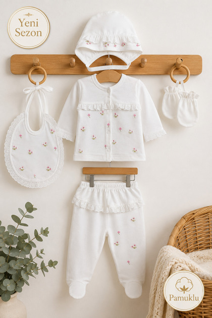BYS BABY FASHION Çiçek Nakışlı Mevsimlik Pamuklu Yenidoğan Kız