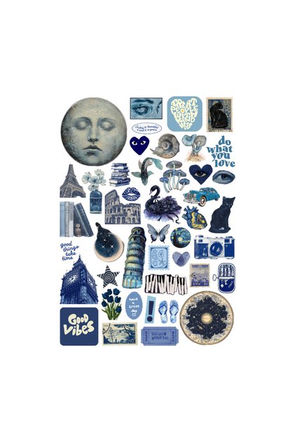 44 Adet Mavi Vintage Retro Sticker Seti - Etiket Seti Scrapbook Bullet Journal