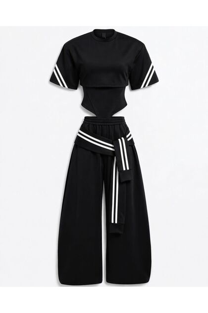 FOCUS TOP AND BOTTOM SET WITH STRIPED DETAIL AND ROPE TIE-UP.