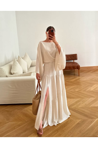Women's Natural Slit Detailed Skirt - Blouse Double Linen Set