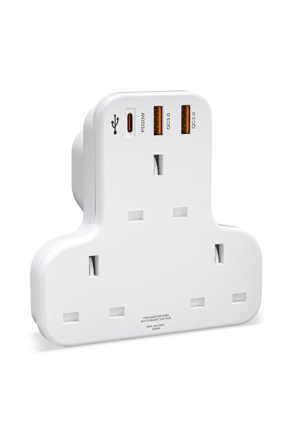 250V UK 3 white UK Wall Socket Plug Extender, 3AC Output 2 USB QC3.0 1 Type C PD20W Fast Charging Ad