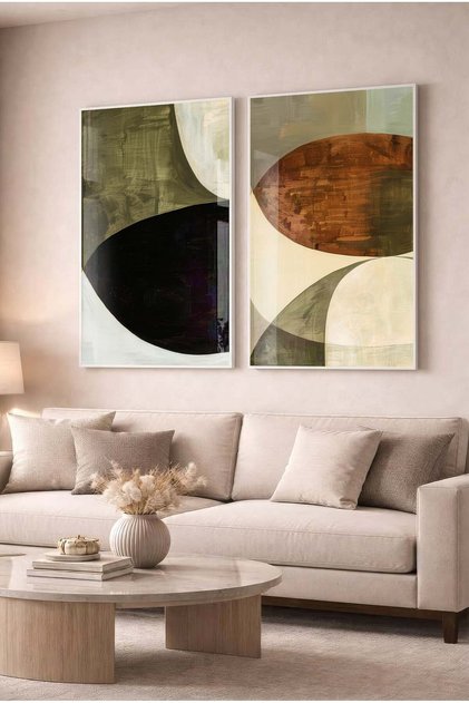 Khaki Green and Brown Geometric 2-Piece Glass Painting Set - White Metal Framed Home and Office Painting