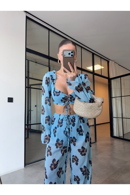 Balon Kol Crop Bluz Blue