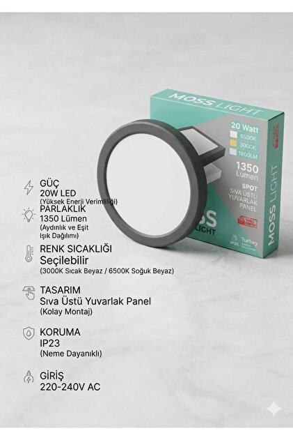 moss light VİP AYDINLATMA / 20 WATT YUVARLAK PLASTİK KASA SPOT