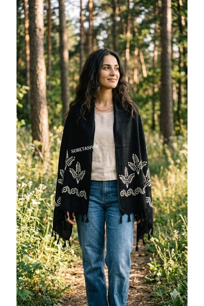 Black Wheat Patterned Tassel Shawl – Cotton Fabric Shoulder Shawl & Scarf