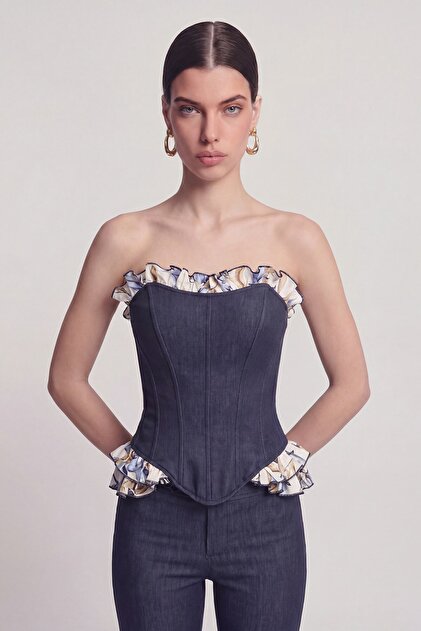 Corset cu volane în stil jeans, bustieră Venus, albastru închis