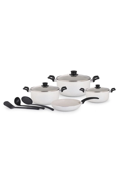 Al Saif Cookware Set, 10-Piece Non-Stick Pots and Pans with Versatile Handles, Cream Marble Color