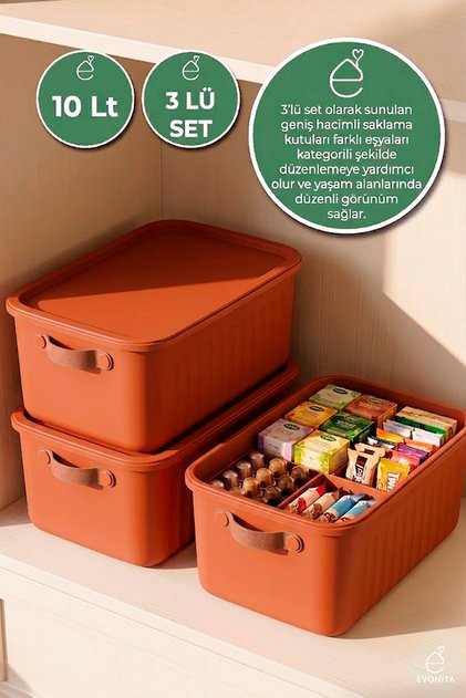 Dekoratif Saklama Kutusu 3lü Kapaklı Organizer Banyo Mutfak Düzenleyici Çok Amaçlı Kutu