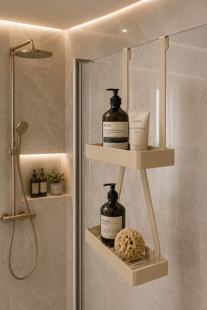 Shower Cabin Hanging Organizer Shelf – 2-Tier Bathroom Shampoo Holder Organizer, Can Be Installed Without Drilling | Modern and Stylish Design