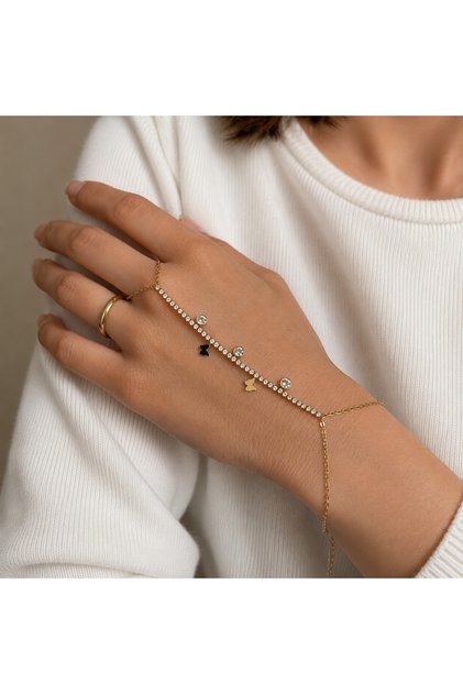 Waterway Row of Stones Butterfly Figured Steel Shahmeran Bracelet Hand Chain Gold (Guaranteed Not to Tarnish)