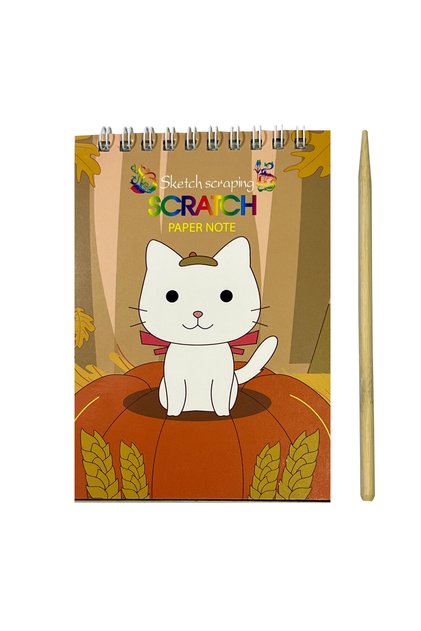 Carnetel de desen prin zgaraiere Scratch Paper Note, 10x14 cm, spiralat, include creion din lemn, foi negre pentru desen multicolor, coperta pisica cu dovleac