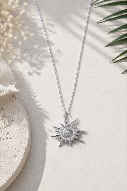 Solar Spiral Minimal Steel Necklace with Sun Figure (Silver Color)