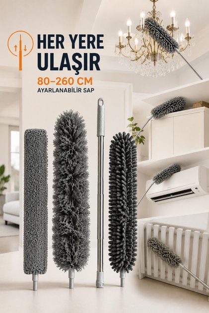 3.LÜ FULL SET ✨ 260 Cm Uzun SAPLI ✨Mikrofiber Manyetik Anti Statik Bükülebilen Toz Alma Uzayabilen Sap Teleskopik Saplı Toz Alma Makarna Başlık Tavan Dolap Üstü Avize Temizleme MİN 80 Cm MAX 260 CM