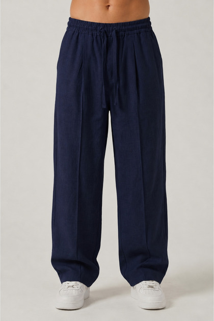 Large Size Navy Blue Men's Summer Trousers Low Network 100% Cotton Loose Fit Lace-Up