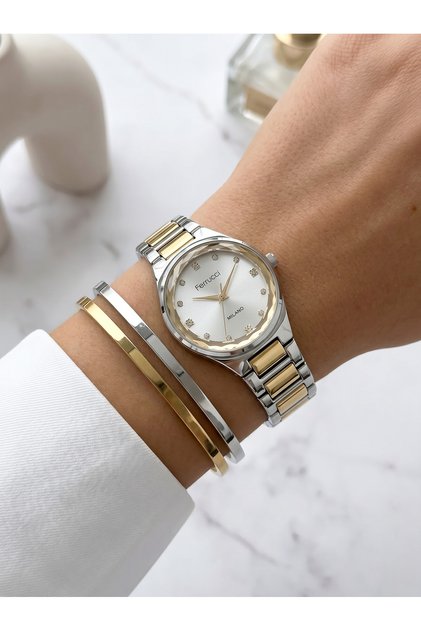 Stoned White Dial Double Color Women Wrist Watch
