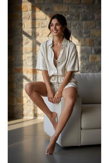 Women's Linen Men's Collared Shorts Home Wear