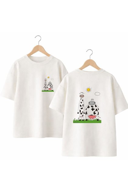 Dalmatian Cows Printed on the Back and Front Chest, 100% Cotton Oversize Loose Regular Fit Crew Neck T-Shirt