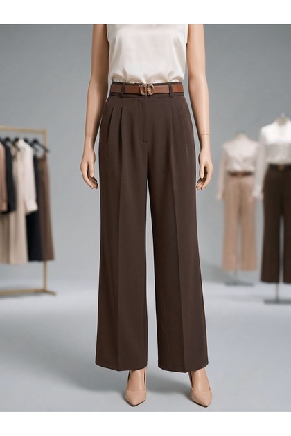 Waist Elastic Detail Relaxed Fit Belted Fabric Trousers