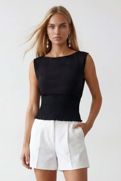 Woman's black blouse with gipeli waist alc-x15543