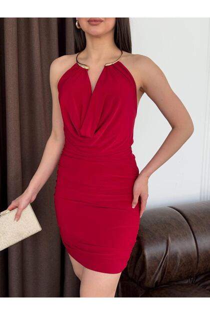 Women's Red Accessory Detailed Collar Mini Dress Elt303