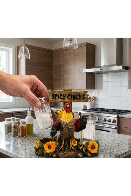 Spicy Chicks Figürlü Dekoratif Tuzluk ve Biberlik Seti Rustik Tasarım Masa Üstü Baharatlık Ayçiçeği Detaylı Eğlenceli Mutfak Aksesuarı