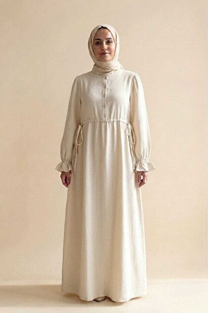 Ecru Women's 100% Cotton Muslin Fabric Waist-Tied Drawstring Buttoned High Collar Long Hijab Dress Anti-Sweat Summer Dress