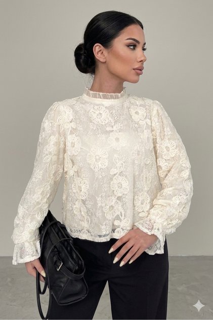 Tulle Collar Embroidered and Stone-Embellished Blouse M38654