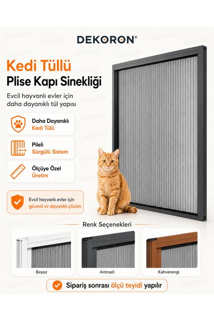 Kedi Tüllü Plise Kapı Sinekliği Ölçüye Özel Pileli Sürgülü Sineklik