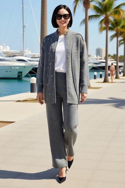 Women's Plus Size Pearl Zipper Oversize Crew Neck Long Sleeve Knitwear Wide Leg Suit Casual