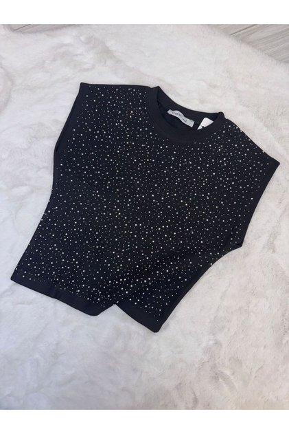 Stone-Embellished Sleeveless Blouse Ottoman Fabric Blouse