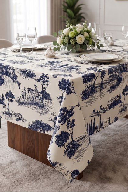 French Peasants Patterned Stain Resistant Liquid Resistant Duck Fabric Table Cloth for Living Room and Kitchen