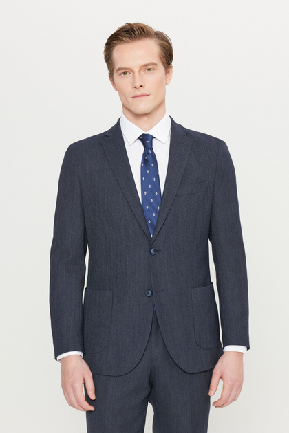 Men's Navy Blue Wool Slim Fit Slim Fit Mono Collar Patterned Flexible Suit with Pocket Pockets