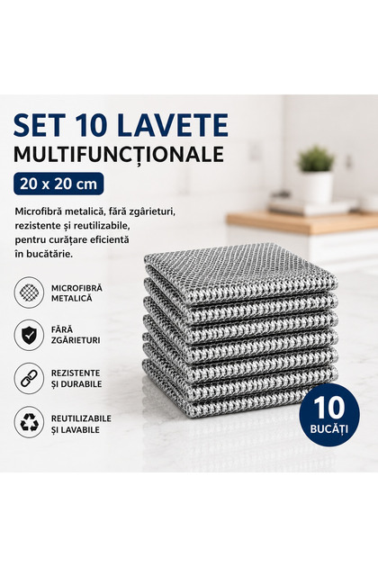 Set 10 lavete multifunctionale 20 x 20 cm, microfibra metalica, fara zgarieturi, rezistente si reutilizabile