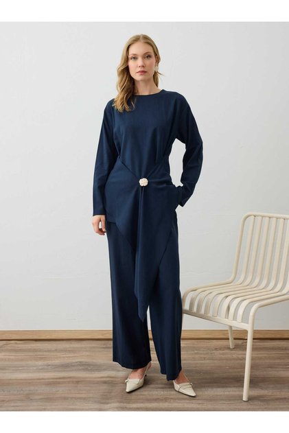 Gold Buckle Detailed Tunic & Trousers Linen Set - Navy Blue -