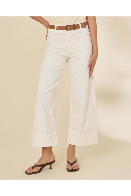 Women Ivory Belted Wide Leg Jeans