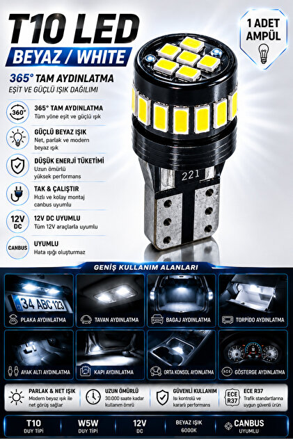 T10 W5W Beyaz LED Ampul Canbus Hatasız 360° Ultra Parlak Park Plaka İç Aydınlatma( 1 Adet )