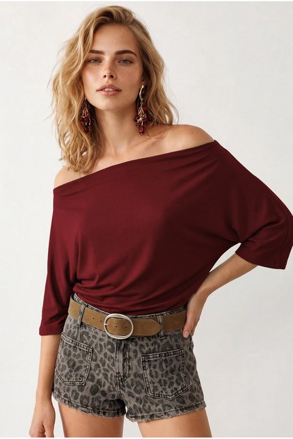 Women's Burgundy Degaje Collar Draped Blouse Blz-19003308
