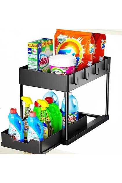 Under Sink Storage Organizer with Sliding Drawer – 1pc Pull-Out Cabinet Organizer with Hooks f