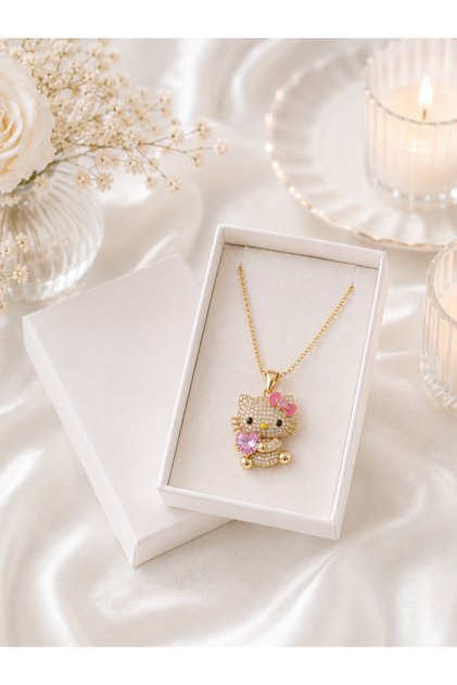GOLD RENK PEMBE TAŞLI HELLO KITTY KOLYESİ ÇELİK