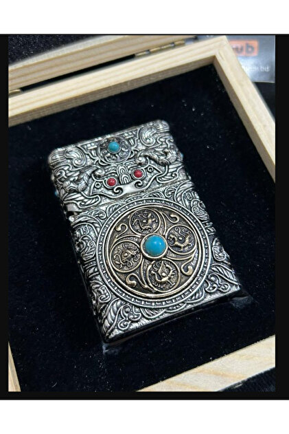Turan Lighter Chief Antik Kabartmalı Turkuaz Taşlı Benzinli