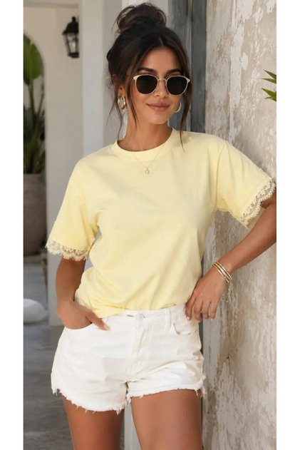 Women's Crew Neck Lace Detail Lace-Up Back Combed Cotton Blouse 28076
