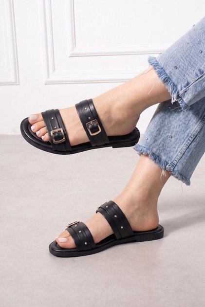Menorca Black Mini Trocley Gold Buckle Double Strap Slippers