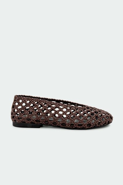 Tayon Knitted Detailed Genuine Leather Women's Bitter Brown Flat Ballerinas