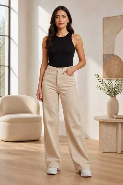 Reni New Season Women's High Waist Palazzo Jeans Wide Leg Lycra Denim Trousers