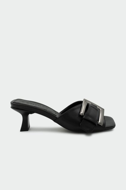 Cany Buckle Women's Black Heeled Slippers